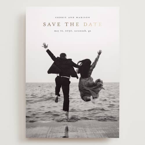 This is a ink foil stamped save the date cards with foil pressed by Stacey Meacham called uncomplicated printing on recycled smooth signature in grand