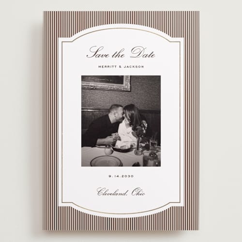 This is a mahogany foil stamped save the date cards with foil pressed by Emily Betts called lines frame printing on recycled smooth signature in grand