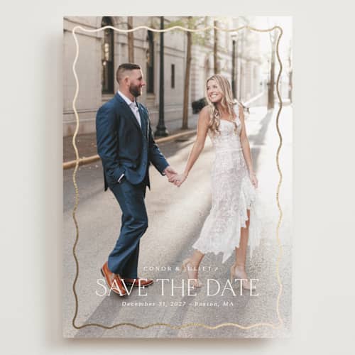 This is a cloud foil stamped save the date cards with foil pressed by Kaydi Bishop called scalloped border printing on recycled smooth signature in grand