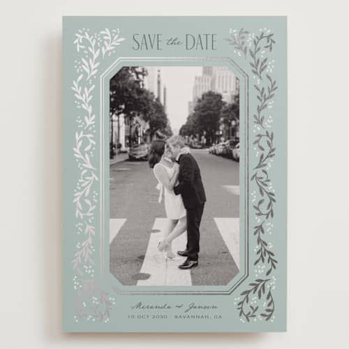 This is a seafoam foil stamped save the date cards with foil pressed by Laura Hankins called ornate vines printing on recycled smooth signature in grand