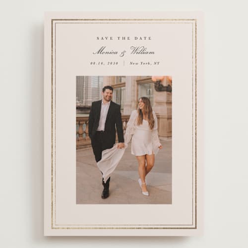 This is a ivory foil stamped save the date cards with foil pressed by Christy Hy Lee called refine frame printing on recycled smooth signature in grand