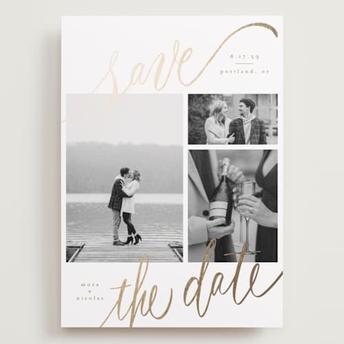 This is a veil foil stamped save the date cards with foil pressed by Elsa Duncan called tri-photo save the date printing on recycled smooth signature in grand