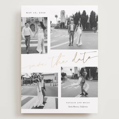 This is a snow foil stamped save the date cards with foil pressed by Sarah Curry called minimal holiday gallery printing on recycled smooth signature in grand