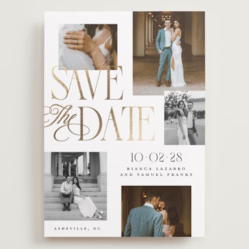 This is a paperwhite foil stamped save the date cards with foil pressed by Laura Hankins called layered printing on recycled smooth signature in grand