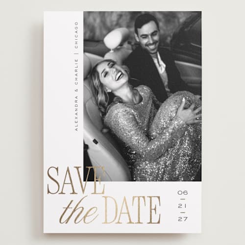 This is a pearl foil stamped save the date cards with foil pressed by Melanie Kosuge called right side printing on recycled smooth signature in grand