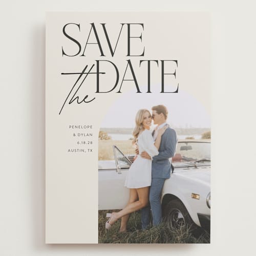 This is a ecru save the date with standard by Morgan Kendall called penelope printing on recycled smooth signature in grand