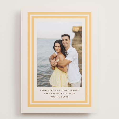 This is a sunflower save the date with standard by Megan Davis called negroni printing on recycled smooth signature in grand