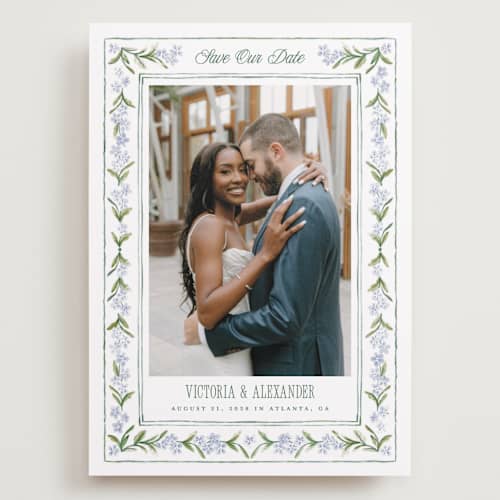 This is a wisteria save the date with standard by Jenna Holcomb called vintage sketched printing on recycled smooth signature in grand