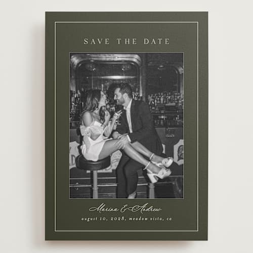 This is a olive save the date with standard by Nicole Walsh called refined printing on recycled smooth signature in grand
