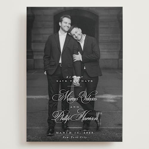 This is a newspaper save the date with standard by Lea Delaveris called grand printing on recycled smooth signature in grand