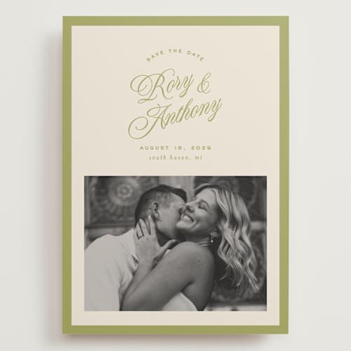 This is a olive save the date with standard by Ellen Schlegelmilch called rory printing on recycled smooth signature in grand