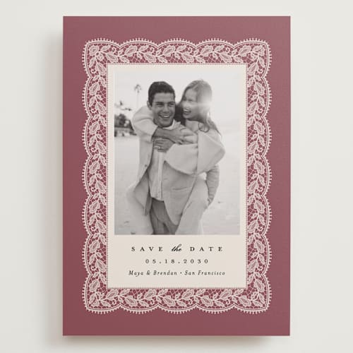 This is a mauve save the date with standard by Erica Krystek called chantilly printing on recycled smooth signature in grand