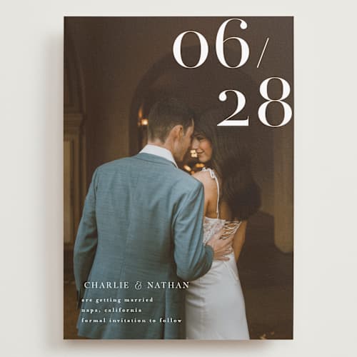 This is a pearl save the date with standard by Shannon Chen of Four Wet Feet Studio called our big date printing on recycled smooth signature in grand