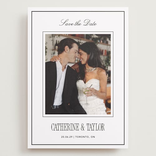 This is a silk save the date with standard by Kelly Schmidt called formal minimalist printing on recycled smooth signature in grand