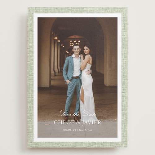 This is a garden save the date with standard by Kelly Schmidt called summer linen printing on recycled smooth signature in grand