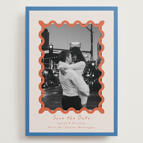 This is a papaya save the date with standard by Blustery August called party squiggle printing on recycled smooth signature in grand