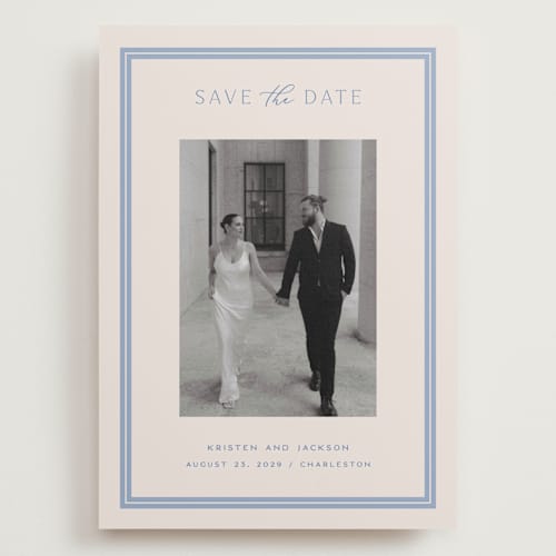 This is a periwinkle save the date with standard by Hooray Creative called twin border printing on recycled smooth signature in grand