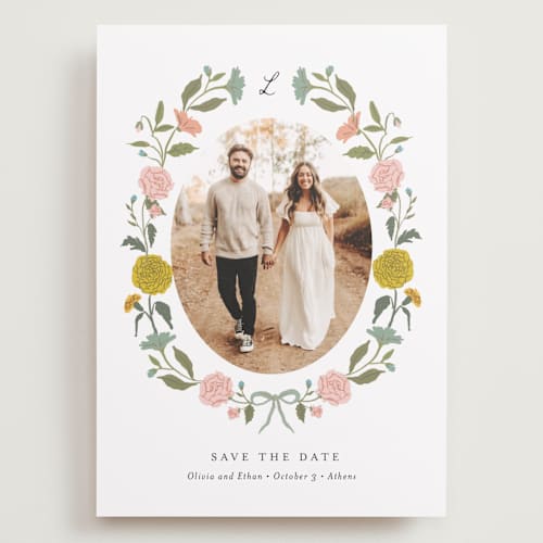 This is a swan save the date with standard by Lori Wemple called botanical cameo printing on recycled smooth signature in grand