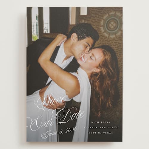 This is a pearl save the date with standard by Leah Bisch called scripted date printing on recycled smooth signature in grand