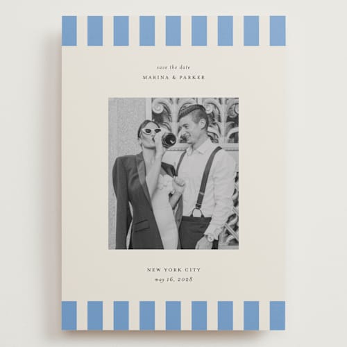 This is a sky save the date with standard by Jackie Crawford called modern border printing on recycled smooth signature in grand