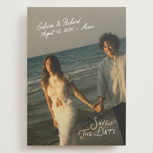 This is a moonstone save the date with standard by Creo Study called slanted printing on recycled smooth signature in grand