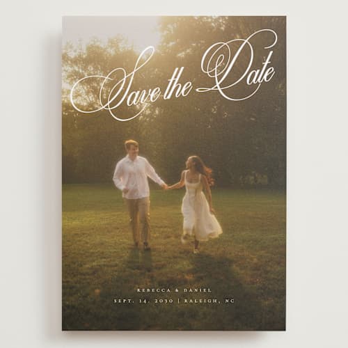 This is a porcelain save the date with standard by Orasie called vintage elegant printing on recycled smooth signature in grand