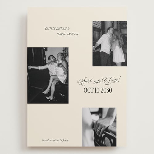 This is a cream save the date with standard by Robert and Stella called saved snaps printing on recycled smooth signature in grand