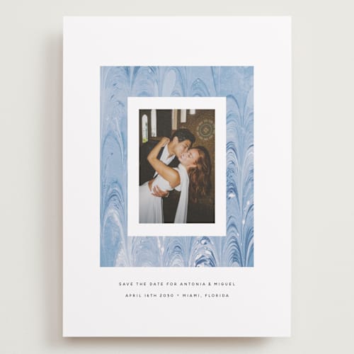 This is a sea save the date with standard by Olivia Kanaley Inman called marbled printing on recycled smooth signature in grand