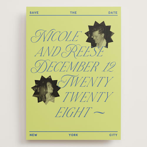 This is a chartreuse save the date with standard by Jennifer Lew called communiqué printing on recycled smooth signature in grand