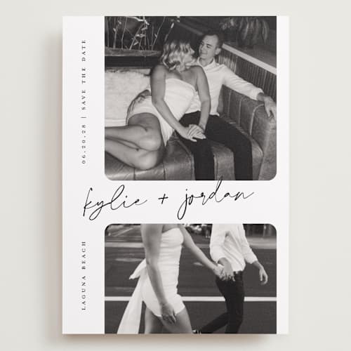 This is a snow save the date with standard by Sarah Curry called signature snapshots printing on recycled smooth signature in grand