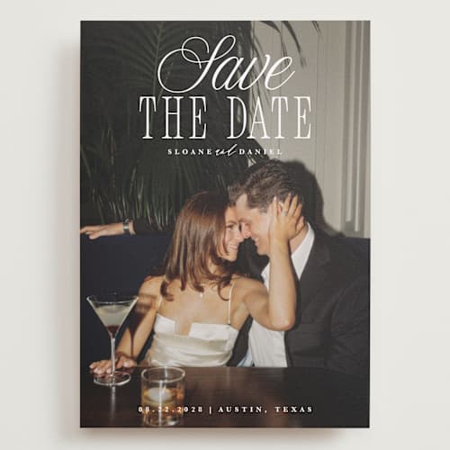 This is a porcelain save the date with standard by Maria Alou called his & hers printing on recycled smooth signature in grand