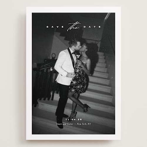 This is a diamond save the date with standard by Eric Clegg called casual elegance printing on recycled smooth signature in grand