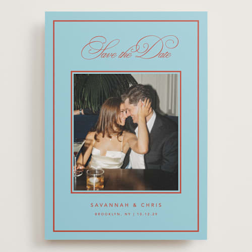 This is a sky save the date with standard by Kelly Watkins called vivid printing on recycled smooth signature in grand