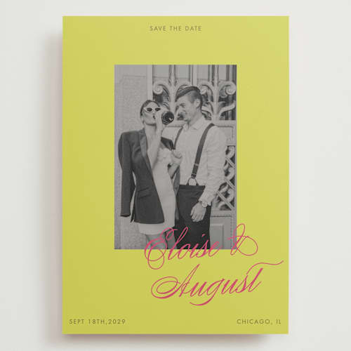 This is a flamingo save the date with standard by Morgan Kendall called maximalist poppies printing on recycled smooth signature in grand