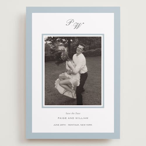 This is a sky save the date with standard by Sara Hicks Malone called briland printing on recycled smooth signature in grand