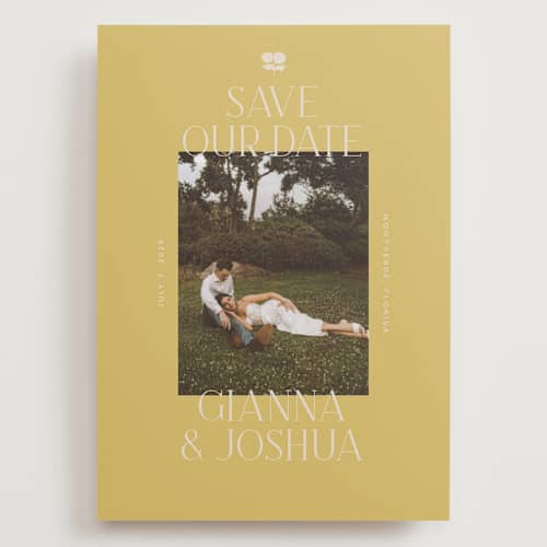 This is a summer citrus save the date with standard by Vera Lim called the gallery printing on recycled smooth signature in grand