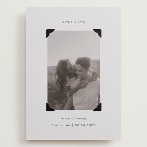 This is a cream save the date with standard by Jenny Millington called scrapbook frame printing on recycled smooth signature in grand