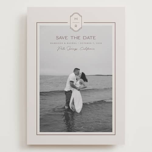 This is a dove save the date with standard by Rachelle Clarke called modern monogram printing on recycled smooth signature in grand