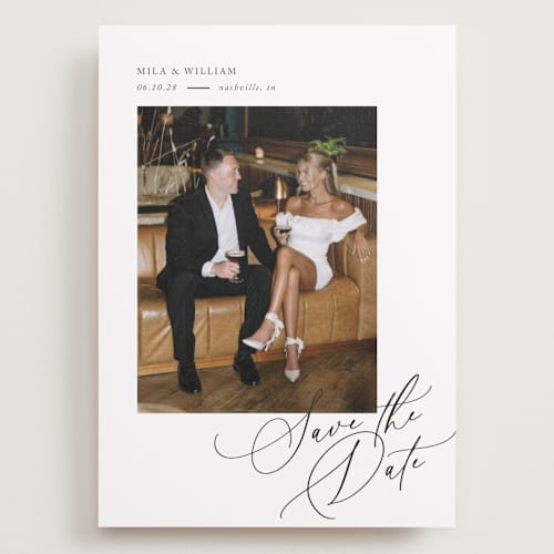 This is a pearl save the date with standard by Melanie Kosuge called side swept printing on recycled smooth signature in grand