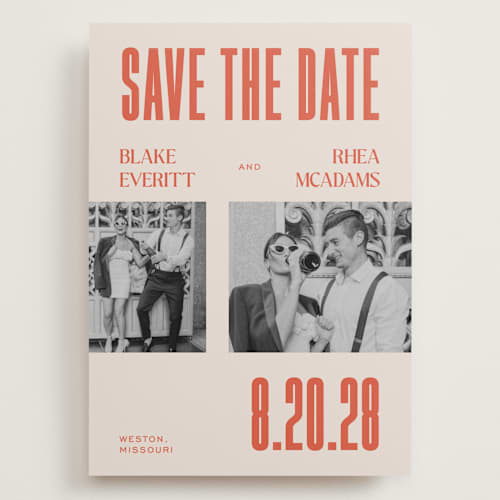 This is a sunset save the date with standard by Rachel Cassel called poster printing on recycled smooth signature in grand