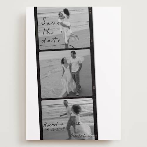 This is a onyx save the date with standard by Sarah Mraz called filmstrip printing on recycled smooth signature in grand