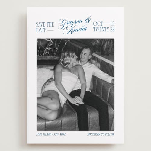 This is a lake save the date with standard by Robert and Stella called opening titles printing on recycled smooth signature in grand