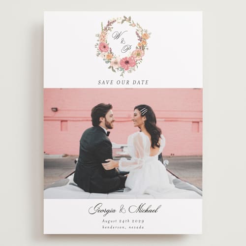 This is a sunset save the date with standard by Susan Moyal called cherished printing on recycled smooth signature in grand