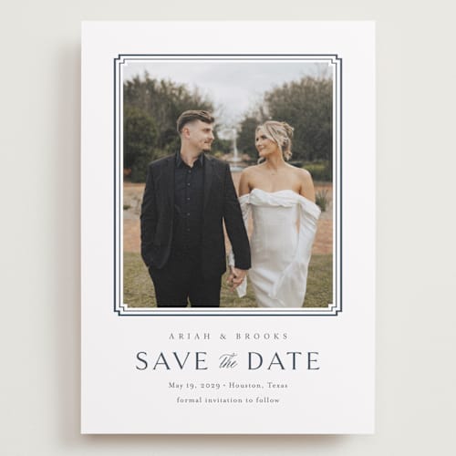 This is a french blue save the date with standard by Jennifer Postorino called ariah printing on recycled smooth signature in grand