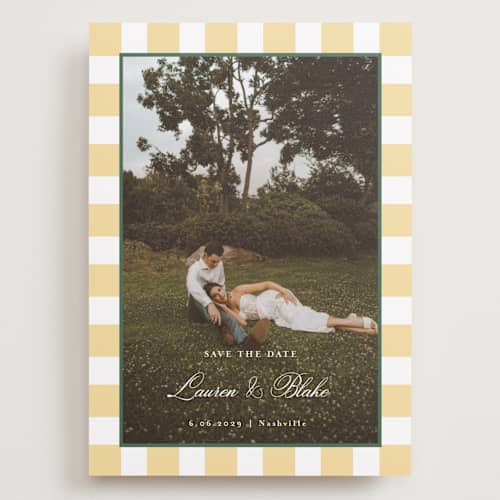 This is a citrine save the date with standard by Emily Betts called curved frame printing on recycled smooth signature in grand