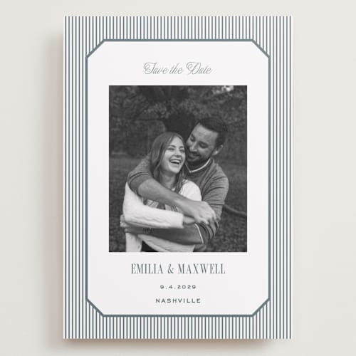 This is a capri save the date with standard by Emily Betts called modern stripes printing on recycled smooth signature in grand