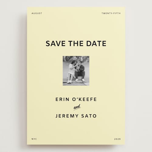 This is a butter save the date with standard by Studio Suku called courthouse printing on recycled smooth signature in grand