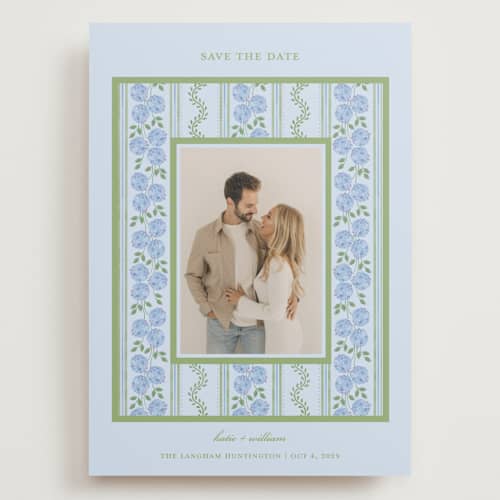 This is a coastal save the date with standard by Madhvi Samimi called hydrangea vines printing on recycled smooth signature in grand