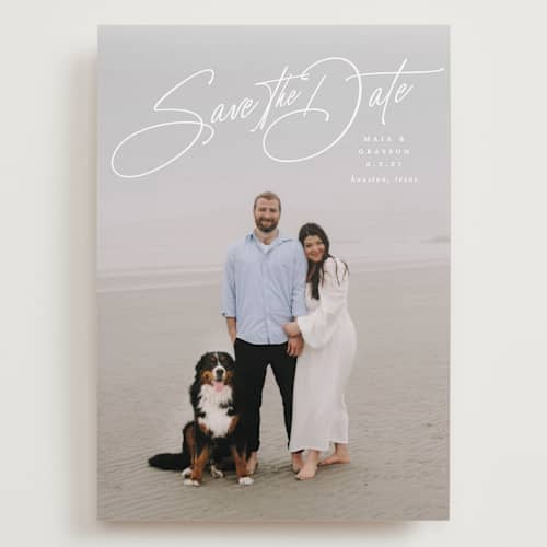 This is a snow save the date with standard by Lauren Chism called sweetest love printing on recycled smooth signature in grand