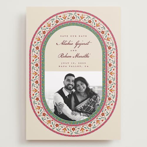 This is a ivory save the date with standard by Sherley Ferreira called mughal gardens printing on recycled smooth signature in grand